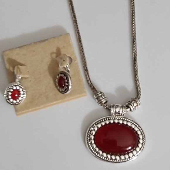 NWT Talbots necklace earrings set Bali silver red wheat chain NOS lucite - Picture 3 of 11